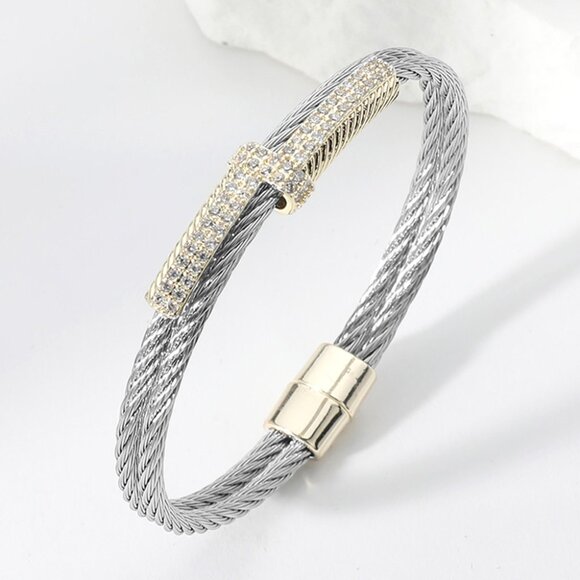 CZ Stone Paved Abstract Bar Pointed Two Tone Cable Magnetic Bracelet - Picture 1 of 4